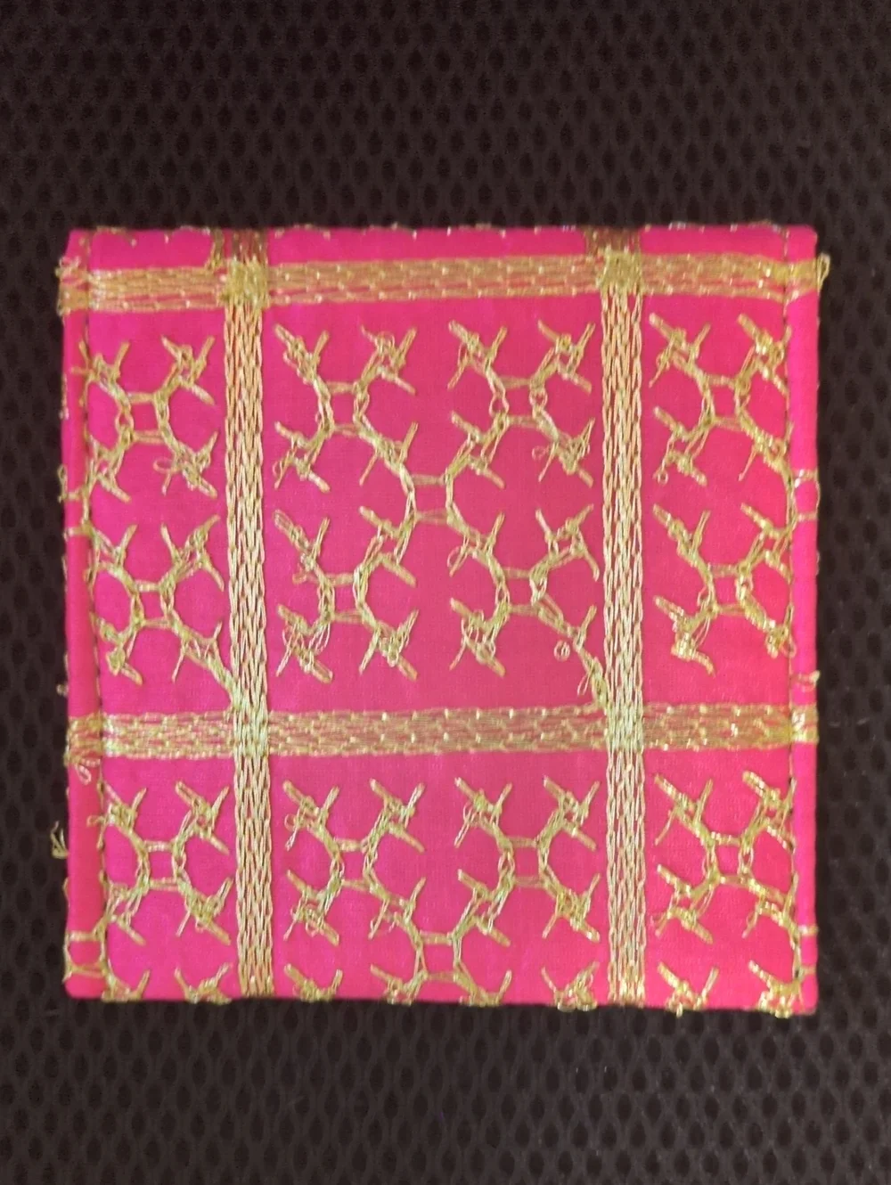 Pink Fabric Pouch with Traditional Gold Embroidered Pattern
